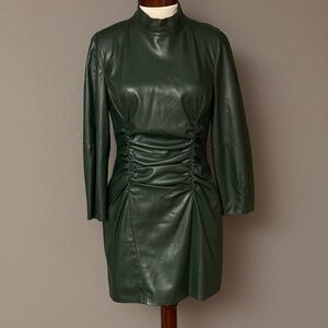 Zara Dark Green Faux Vegan Cinched Waist Leather Short Dress Long Sleeve Sz M